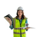Confidence Female Engineer with blueprint and computer isolated on white Royalty Free Stock Photo