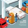 Confidence gas station isometric poster customers looking at gasoline pump and filling up fuel into car vector