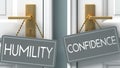 Confidence or humility as a choice in life - pictured as words humility, confidence on doors to show that humility and confidence