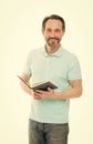 Confidence and intelligence. Never too late study. Man mature bearded hold book isolated white background. Useful