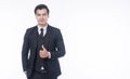 Confidence positive successful handsome businessman wear elegant suit standing on white background. Professional smart business