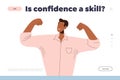 Confidence skill landing page with happy healthy business man freelancer demonstrate muscular