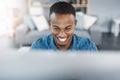 Confidence, smile and black man by computer in office, workspace and desk happy in creative career. Happiness Royalty Free Stock Photo