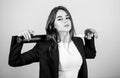 Confidence and strength. Woman pretty girl bear formal jacket and hold baseball bat. Pretty and dangerous. Life game Royalty Free Stock Photo