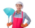 Confidence successful young housewife standing and holding broom