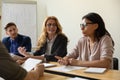 Confident African American employee, team leader speaking on corporate meeting Royalty Free Stock Photo