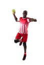 Confident african american young male handball player throwing ball against white background Royalty Free Stock Photo