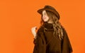 Confident and ambitious. teen in hat. stylish looking girl. small girl wear autumn clothes. retro fashion model. beauty