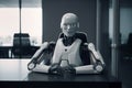 Confident android robot manager sitting in the office behind a table. Generative AI