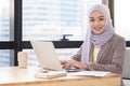 Confident Asia Muslim Islam businesswomen executive dressed in the religious veil, working in the modern office and looking at