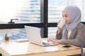 Confident Asia Muslim Islam businesswomen executive working in the modern office drinking a cup of coffee and looking on a