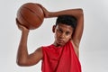 Confident athletic black boy hold basketball ball Royalty Free Stock Photo