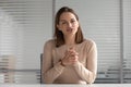 Confident businesswoman looking at camera and talking, making video call Royalty Free Stock Photo