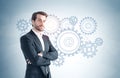 Confident bearded businessman, gears sketch Royalty Free Stock Photo