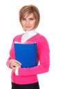 Confident beautiful businesswoman posing with blue folder in hands Royalty Free Stock Photo