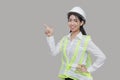 Confident beauty Asian woman worker having an idea posing on gray isolated background.