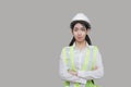 Confident beauty Asian woman worker posing on gray isolated background.