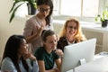 Confident biracial woman leader controlling teamwork on project