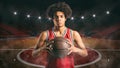 Young African American boy with basketball in the middle of the stadium Royalty Free Stock Photo