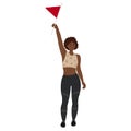 A confident black woman holding a red flag.