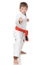 Confident boy in kimono in fighting stance Royalty Free Stock Photo