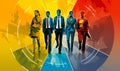 Confident business team strides forward on a vibrant multicolored path with a dynamic abstract city backdrop Royalty Free Stock Photo