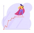 Confident Business Woman in Red Super Hero Cloak with Arms Akimbo Stand on Top of Growing Chart. Leader, Data Analysis Royalty Free Stock Photo