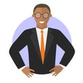 Confident businessman with hands akimbo. vector icon