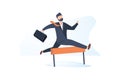 Confident businessman jumping over hurdle. Business concept of overcoming obstacles and achieving the goal, illustration