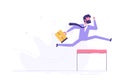 Confident businessman jumping over hurdle. Business concept of overcoming obstacles and achieving the goal. Vector illustration