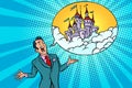 Confident businessman offers a fabulous castle in the sky Royalty Free Stock Photo