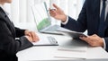 Confident businessman sitting in front of office manager talk conducting to interviewer with colleague or boss for business Royalty Free Stock Photo