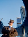 Confident businessman using virtual reality glasses in a business center Royalty Free Stock Photo