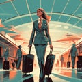 Confident Businesswoman Navigating Airport Chaos