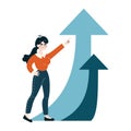 Confident businesswoman pointing to rising arrows, symbolizing success and goal achievement
