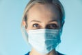 Confident caucasian nurse lady wearing professional mask, educates about safety. close up studio shot, blue background.