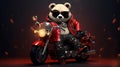 Confident cute panda bear on a motorcycle. Generative AI.