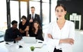 Confident and determined. Portrait of a businesswoman standing in a boardroom meeting with colleagues in the background.