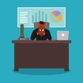 Confident devil boss at desk with charts. Vector illustration