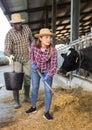Confident diligent positive cheerful female owner of small dairy farm working in stall, feeding cows with hay Royalty Free Stock Photo
