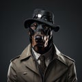 Confident Doberman Detective on Grey Background AI Generated