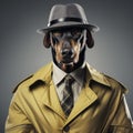 Confident Doberman Detective on Grey Background AI Generated