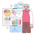 Confident educator explaining data charts on a presentation board. Flat vector illustration. Royalty Free Stock Photo