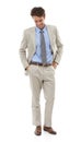 Confident, fashion and young businessman in studio with elegant, fancy and stylish suit. Smile, happy and full body of