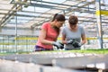 Confident female botanists discussing over seedlings in greenhouse Royalty Free Stock Photo