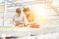 Confident female botanists discussing over seedlings in greenhouse