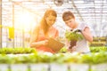 Confident female botanists discussing over seedlings in plant nursery Royalty Free Stock Photo