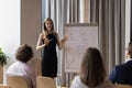 Confident female coach, share strategy, makes presentation on flip chart Royalty Free Stock Photo