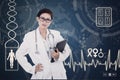 Confident female doctor on digital background