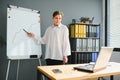 Confident female teacher conduct an online lesson or training. Smart woman in eyeglasses writing new theme on marker